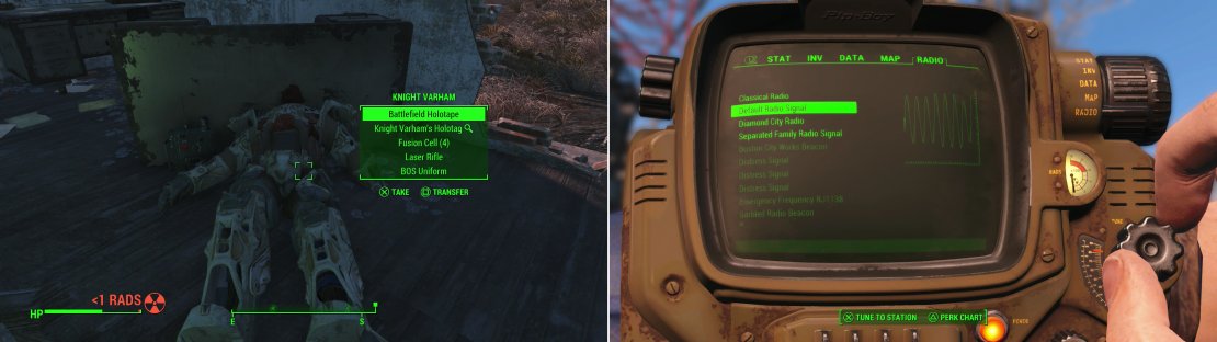 Locate the body of Knight Varham to start the quest &ldquo;The Lost Patrol&rdquo; (left). Extend the satellites at Relay Tower 0MC-810 to pick up some new radio signals (right).