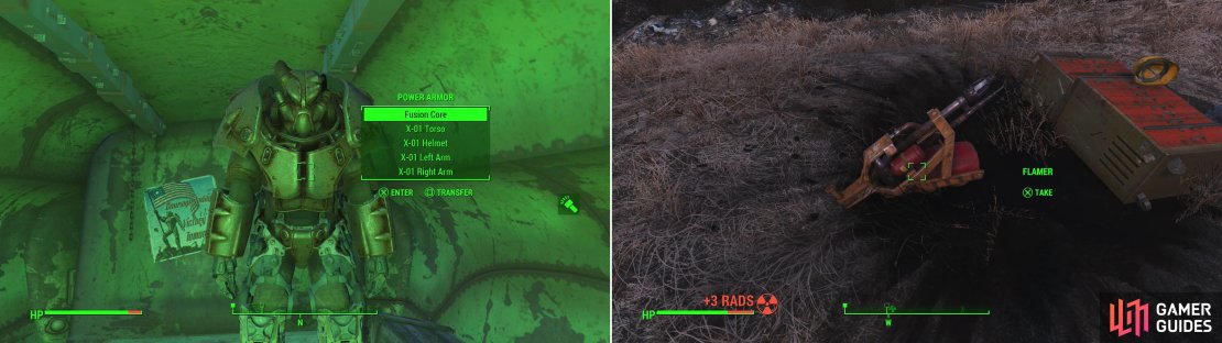 Not enough Power Armor for you? You&rsquo;re in luck, as another suit can be found in the back of an APC (left). There&rsquo;s little reason to visit the facility south of County Crossing, unless you fancy a free Flamer (right).