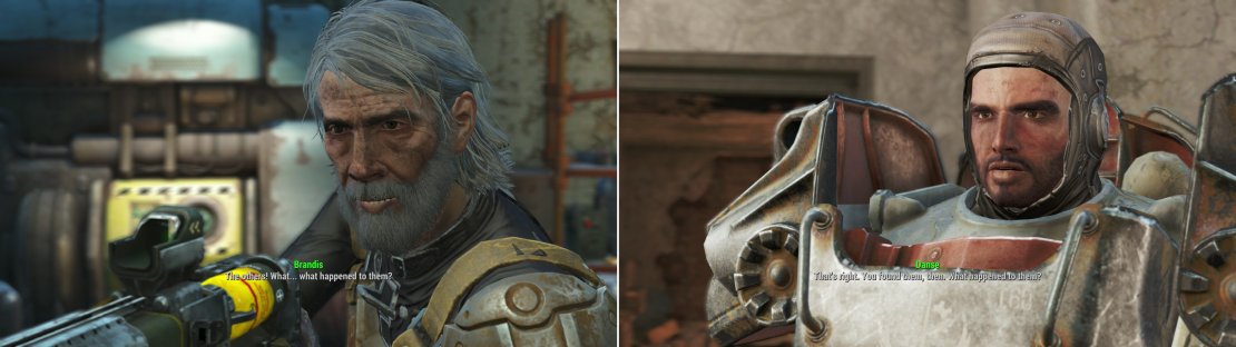 You&rsquo;ll find the sole survivor of the squad the preceeded Danse and company in Recon Bunker Theta (left). After dealing with Brandis, talk to Danse and make your report (right).