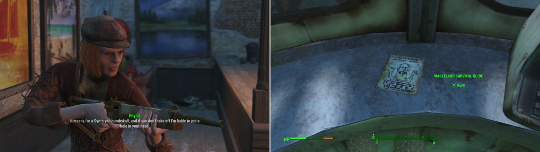 Phyllis is convinced she&rsquo;s a Synth, and is rather violent in her desire to remain isolated in case she commits more violence. You read that right. (left) Grab an issue of the Wasteland Survival Guide in a structure on the dock (right).