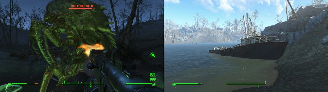 Be wary as you travel near the water, as you may draw the attention of a Mirelurk Queen (left). If you follow the coast east you&rsquo;ll find the ship from which the &ldquo;Nautical Signal&rdquo; emanates (right).