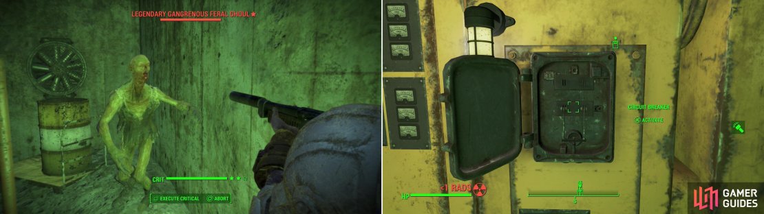 Heavily irradiated, you can of course expect to find Feral Ghouls around the Mass Fusion Containment Shed (left). Find a circuit breaker and turn off the &ldquo;Automated Radio Alarm&rdquo; (right).