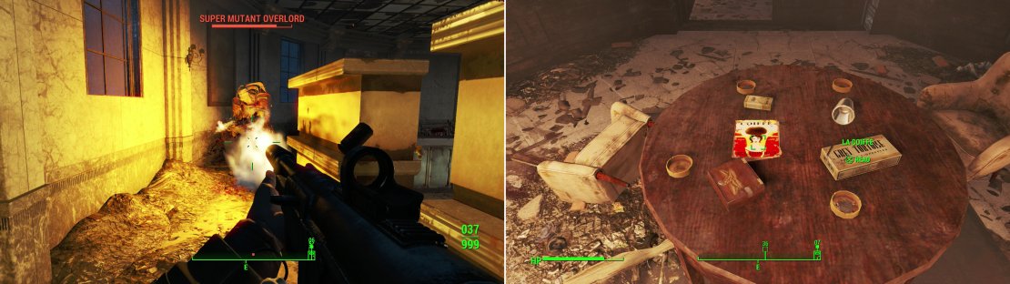 Fallon&rsquo;s Department Store is occupied by Super Mutants, who will defend their home against all intrusion (left). In an enclosed heptagonal room you can find an issue of La Coiffe, in case your &rsquo;do needs an update (right).
