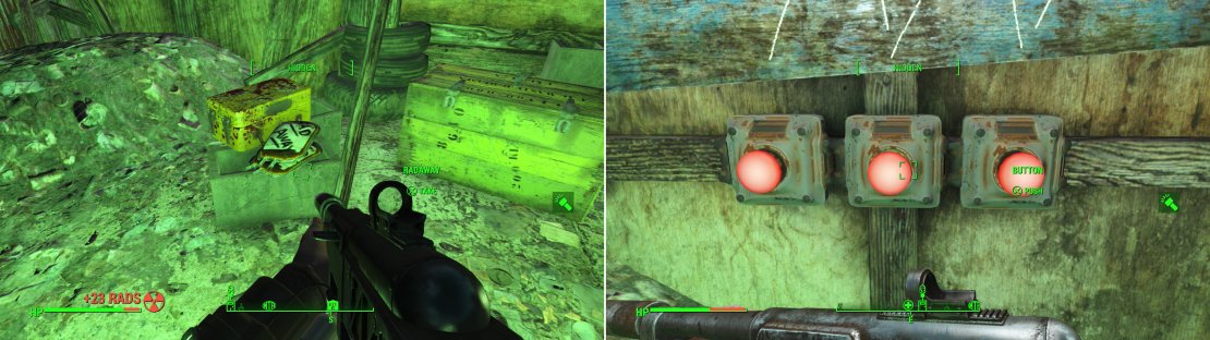 If you brave some heavy radiation you can find some&hellip; RadAway. Thanks (left). Press the three buttons in the correct order to get through a series of four gates nearby (right).