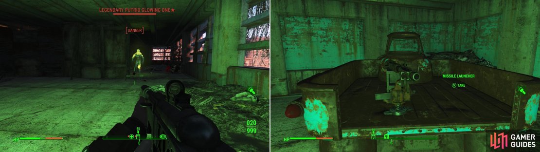 On the third floor your progress will be opposed by Feral Ghouls, including a Glowing One (left). To get here, however, you&rsquo;ll need to navigate past a Tripwire rigged to a Missile Launcher. Ouch (right).