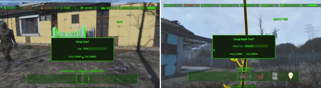Scrapping anything in the way or things that just aren&rsquo;t useful to your settlement idea is a great way of gaining building materials quickly.