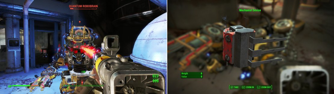 Scrap the Robobrain in the General Atomics Factory (left) then claim the &ldquo;Mechanist Device&rdquo; from its remains (right).