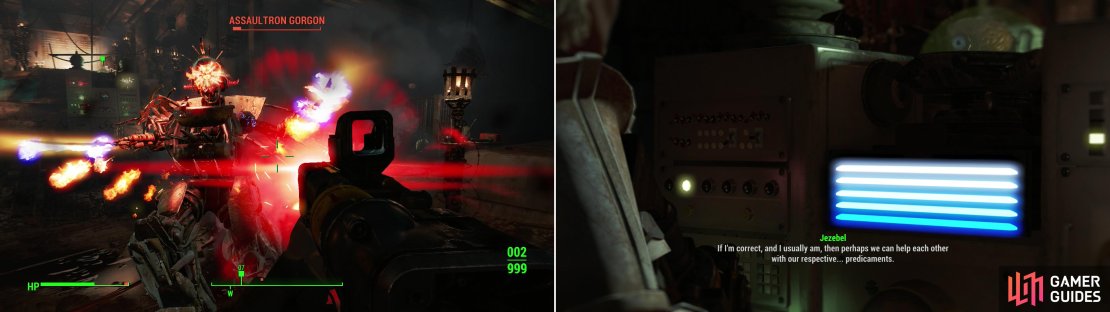 Assaultron Gorgons are some of the most dangerous robots in the Commonwealth (left) and may join Ahab&rsquo;s attack. After all the robots have been dismantled, strike a deal with Jezebel (right).