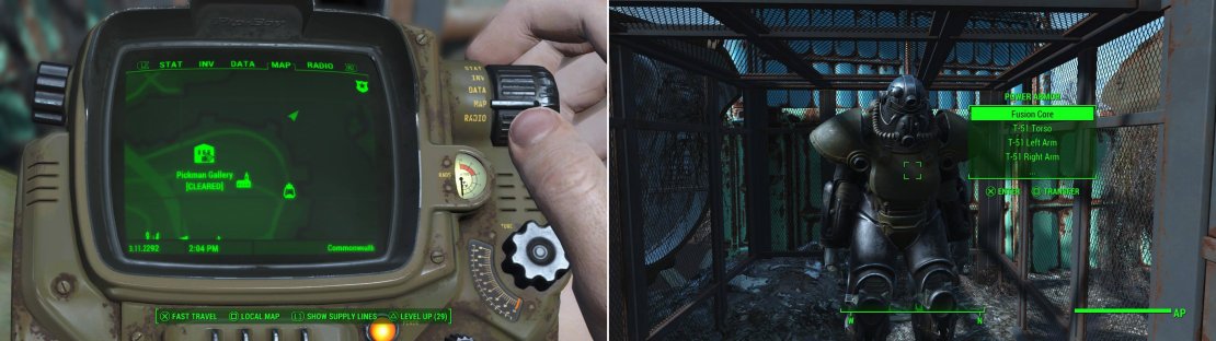 North-east of Pickman Gallery you can find a barge littered with old military equpiment (left). On this barge you&rsquo;ll find a suit of Power Armor in a cage (right).