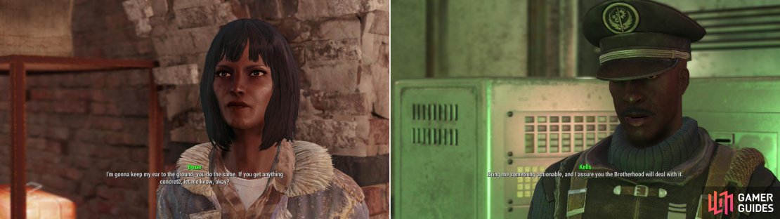 Tell the Railroad (left) or the Brotherhood of Steel (right) about the supposed Synth colony up north, and they&rsquo;ll respond as their ideology demands.