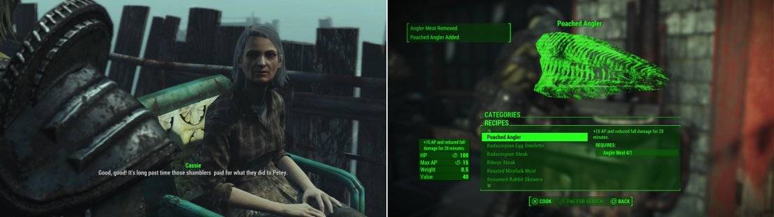 Cassie will hire you to avenge her family, who have been poorly treated by the island (left). Cook up some of the bits you gathered from the critters who attacked Far Harbor earlier to get the &ldquo;Just Add Saltwater&rdquo; trophy/achievement! (right)