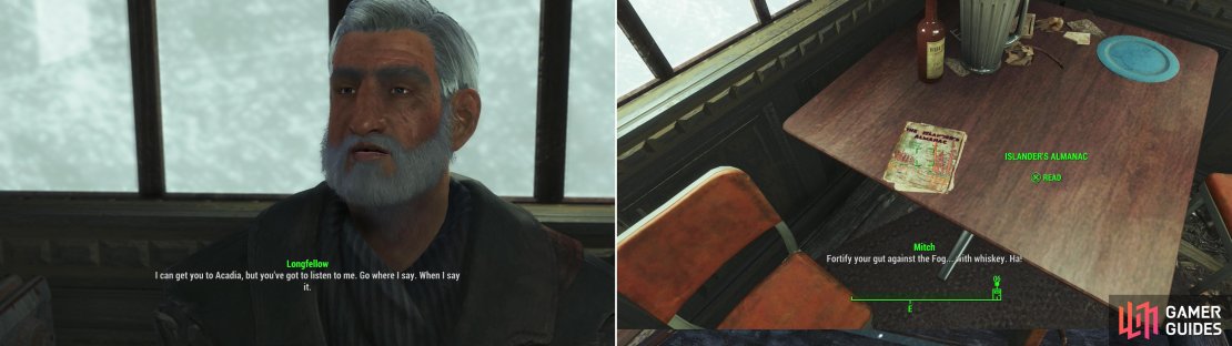 Convince Longfellow to take you to Acadia with words or whiskey (left) and be sure to grab the copy of Islander&rsquo;s Almanac off the table he was sitting at! (right)
