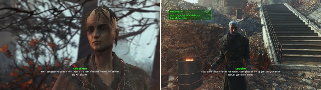 Along the way up the mountain to Acadia you&rsquo;ll meet a Child of Atom cultist (left). When you finally reach Acadia Longfellow will offer to join you as a companaion, and let you make use of his cabin as a new settlement (right).