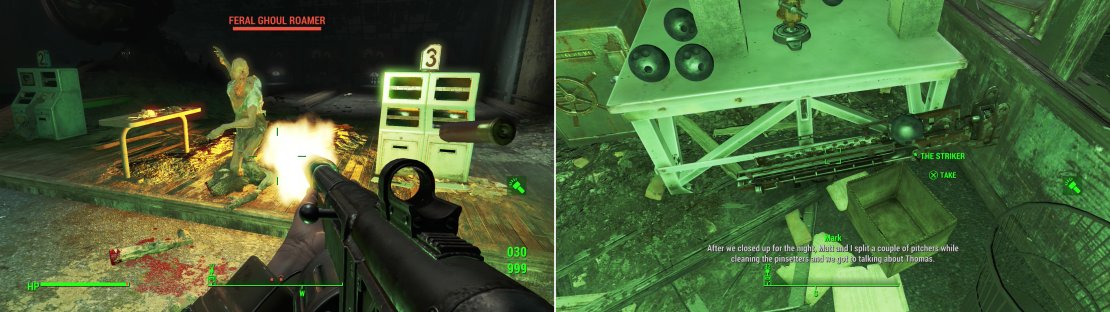 The Beaver Creek Lanes bowling alley is now a haven for Ghouls (left). Upstairs you&rsquo;ll find some treasure worth braving the Ghouls for - a modified Fat Man that shoots bowling balls - The Striker! (right)
