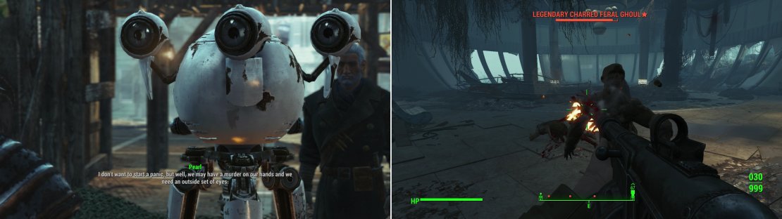 When you return to Far Harbor you may encounter the robot, Pearl, who is in need of a detective something fierce (left). The &ldquo;rowdy&rdquo; guests she was talking about just happen to be Feral Ghouls (right).