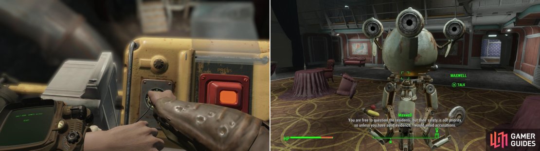 Make your way through the hotel and interface with the Vault 118 door controls (left) then talk to Maxwell to learn some specifics about the murder (right)&hellip; and some rules for handling the vault dwellers.