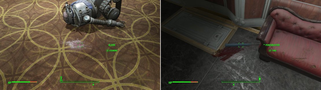 Investigate the &ldquo;blood&rdquo; (left) then find a plausible murder weapon not well-hidden nearby (right). The &ldquo;blood&rdquo; and the murder weapon point you towards your first two suspects.