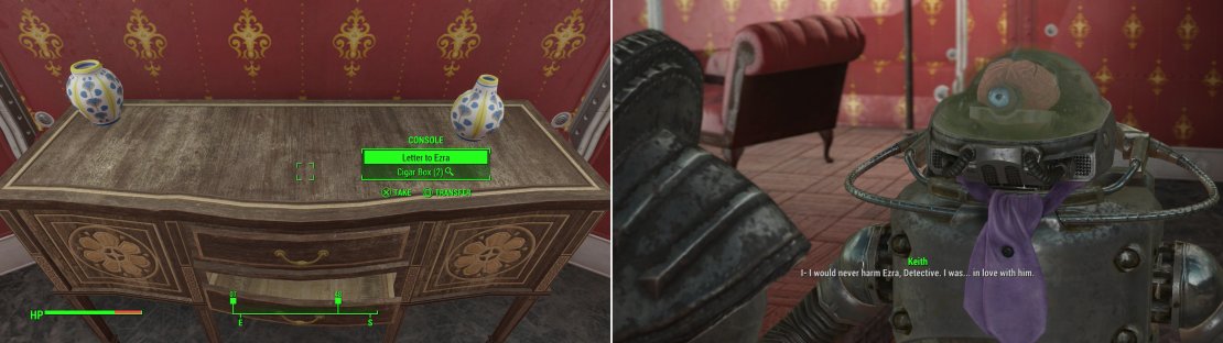 Find Keith&rsquo;s &ldquo;Letter to Ezra&rdquo; (left) then question him about it to learn that he&rsquo;s likely not the murderer (right).