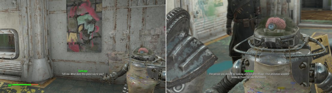 Endure Santiago&rsquo;s crappy &ldquo;art&rdquo; and impress him with your interpretations (left) and he&rsquo;ll point you in the direction of another potential murder-bot (right).