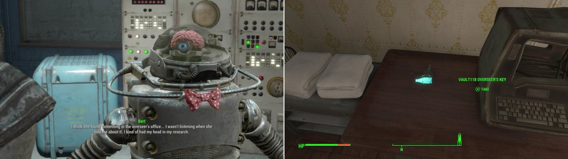 Chat with Bert to learn more about the peculiarities of Robobrains and to dig up another lead (left). Search Ezra&rsquo;s room to find the Vault 118 Overseer&rsquo;s Key (right).