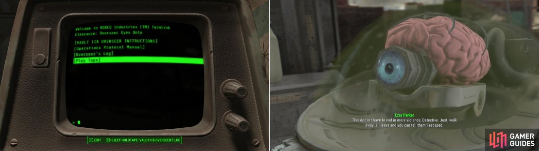 Search the Overseer&rsquo;s Office for the evidence you need to confront the murderer (left), then confront &ldquo;Julianna&rdquo;, who will try to strike a deal with you (right).