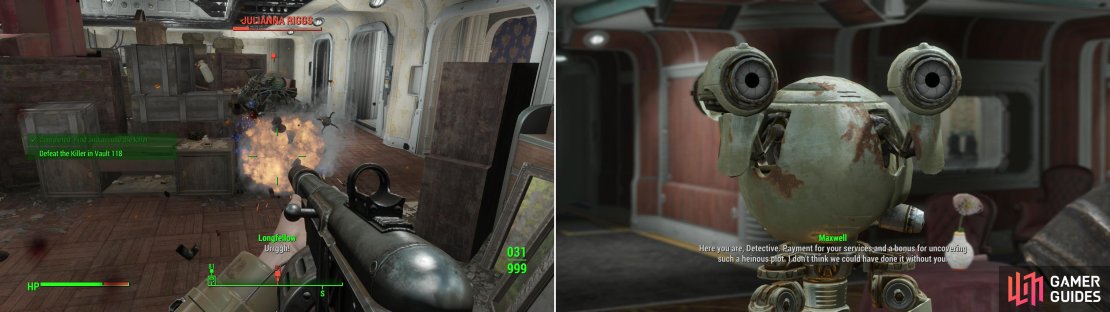 If you turn down the murderer&rsquo;s offer you&rsquo;ll have no choice but to put them down (left). Report to Maxwell after concluding your investigation for a reward (right).