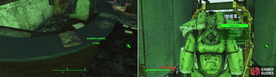 Stop by the National Park Visitors Center long enough to quickly grab an issue of Islander&rsquo;s Almanac (left). While heading up the highway you&rsquo;ll find a truck with a suit of Vim! themed T-51 Power Armor in the back! (right)