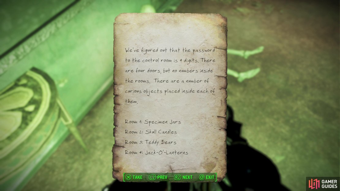 Read a note on the ground near a skeleton to learn about the password puzzle.