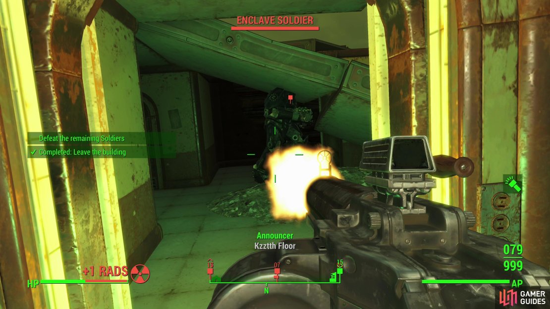 After cancelling the alarm, ride an elevator up to the roof and get the drop on some more Enclave Soldiers.