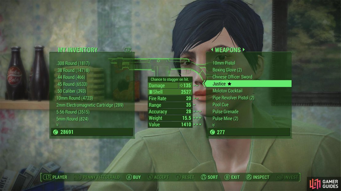 You can buy the legendary Combat Shotgun, &ldquo;Justice&rdquo;, from Penny Fitzgerald.