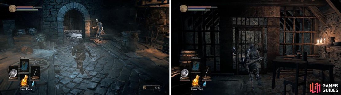 After the soldier with firebombs (left) you&rsquo;ll find an NPC locked away.