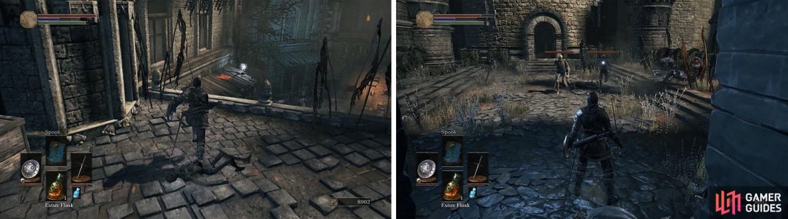 Don&rsquo;t miss the Ring of Sacrifice (left) and then clear the courtyard to unlock the shortcut back to the first bonfire (right).