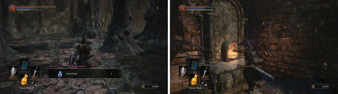 Back near the first bonfire you&rsquo;ll find the Iron Flesh spell (left) and if you head to the nearby hill you&rsquo;ll find the final flame (right).