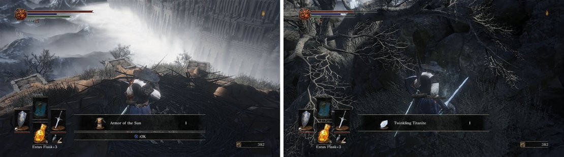 The Nestling will exchange some items for others (left). Make sure to kill the Crystal Lizard behind Firelink&rsquo;s rooftop for a Twinkling Titanite (right).