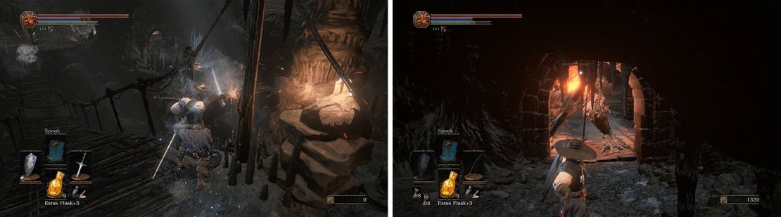 Strike the bridge near Wolnir&rsquo;s bonfire to create a ladder (left) and then pull the Demon back to the archway to attack him safely (right).