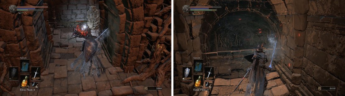 There are two enemies in the small hall near the Ember that are waiting to attack (left). Downstairs, don&rsquo;t forget to strike the illusionary wall (right).