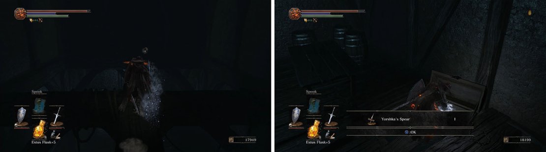 Take the ladder to the rafters and fall to the platform to find Yorshka&rsquo;s Spear.