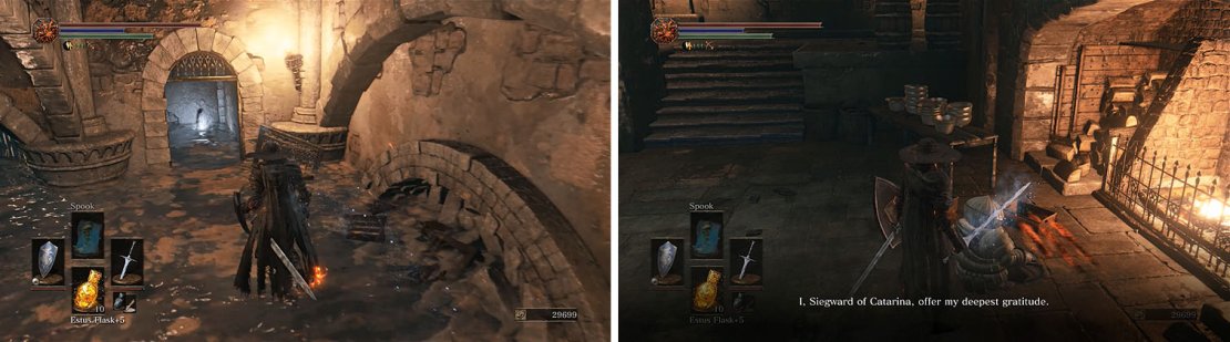 Don&rsquo;t miss the ashes at the base of the stairs to the kitchen (left) and make sure to exhaust Siegward&rsquo;s dialogue (right).