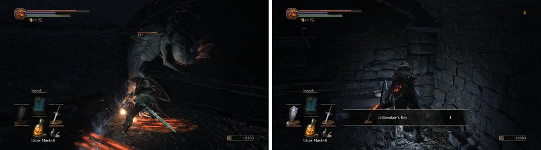 The Wretch on the wall is not an ally (left), so kill it and then collect the Jailbreaker&rsquo;s Key from one of the cells (right).