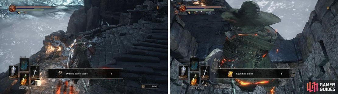 Grab the Dragon Torso Stone and don&rsquo;t miss the spell by rolling off the lift.