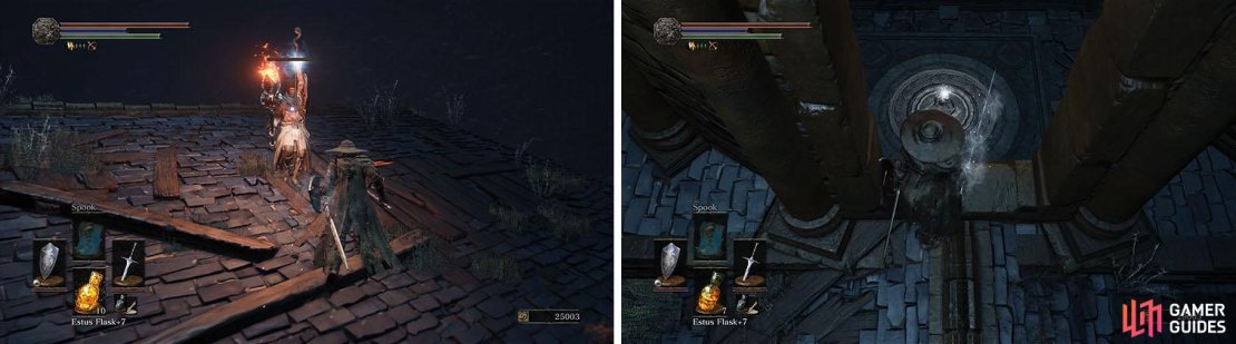 Watch out for the sorcerer&rsquo;s spells, as well as his flame hammer, and then drop through the window to find the Wrath of the Gods spell.