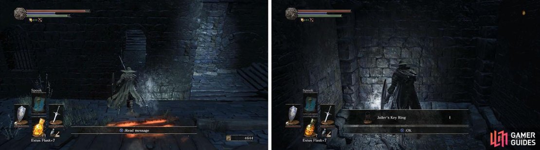 Don&rsquo;t miss the window that leads to Siegward (left) and the Jailer&rsquo;s Key Ring to release Karla in Irithyll Dungeon (right).