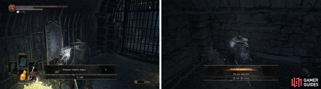 Use the Jailer&rsquo;s Key Ring to collect the previously inaccessible items (left) and release Karla from her cell (right).