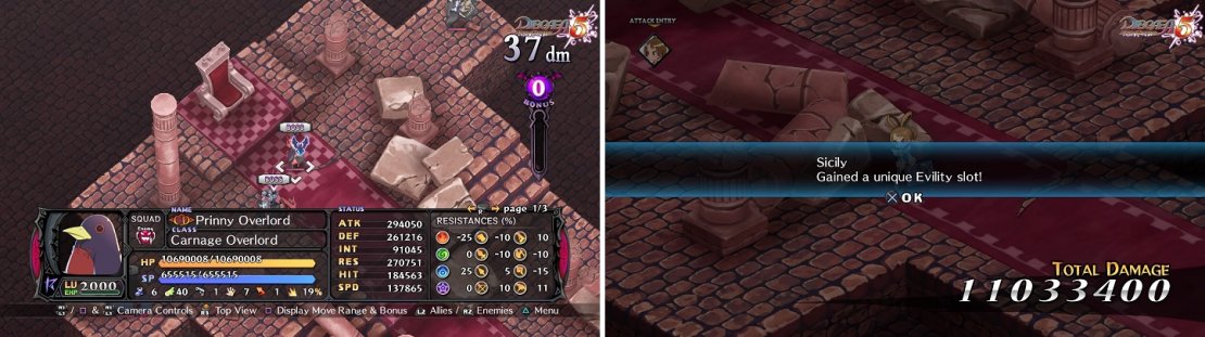 Carnage Prinny is definitely the toughest foes you&rsquo;ve faced thus far (left). Whoever deals the killing blow on him will open an extra Unique Evility slot (right).