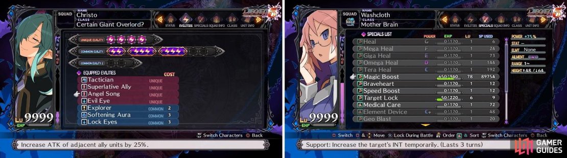 Angel Song is a necessity for all of your support characters (left). Your Professor&rsquo;s Magic Boost should be maxed out at the Skill Shop (right).