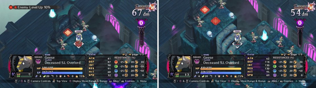 Geese will stay still and level up because of the Geo Effect (left) until he hits level 12, which is when he&rsquo;ll come after you (right).