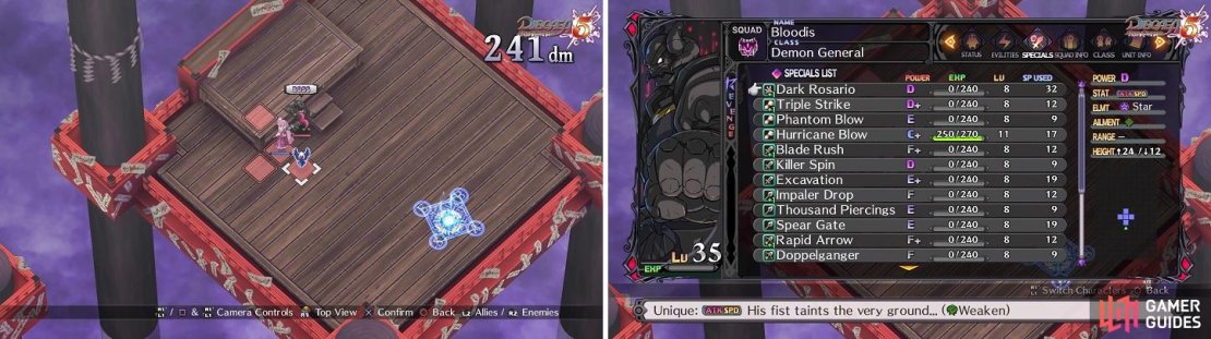 Bloodis&rsquo; Evility limits your movement to one panel when you&rsquo;re close enough (left). Although he has access to many skills, he can only use his Unique and Fist skills (right).