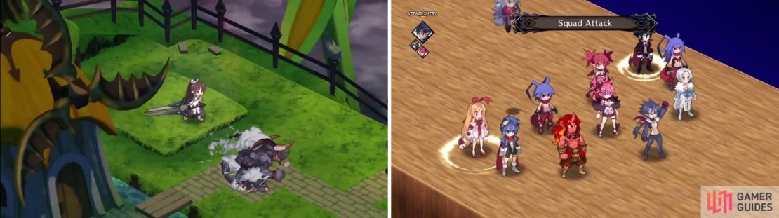 The Lady Samurai will have extra stats from the two Twin Dragons Magichanging with her (left). Don&rsquo;t forget that Squad Attack hits all enemies that are in a squad together (right).