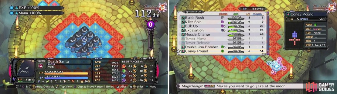 The 3x3 set up of Bears is one of the best maps for leveling (left). If a character doesn&rsquo;t have a 3x3 skill, don&rsquo;t forget some monster units get them when they Magichange (right).