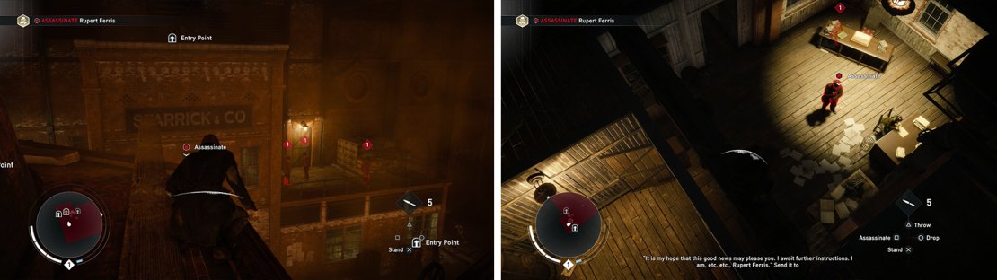 There are several entrances to the target&rsquo;s room (left), Entering from the top allows you to perform an air assassination (right).